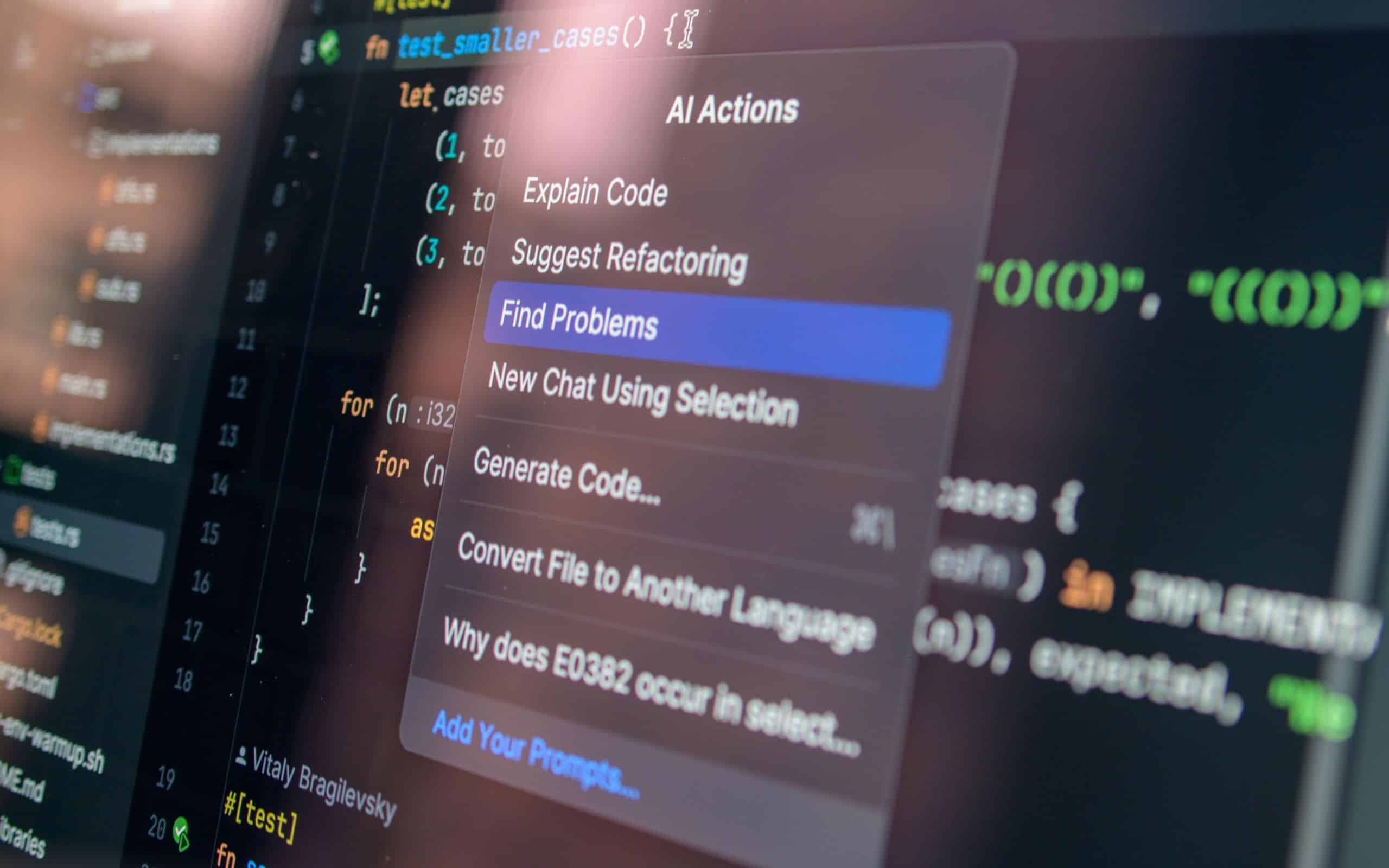 A code editor with an AI Actions menu open, listing options such as Explain Code and Find Problems.