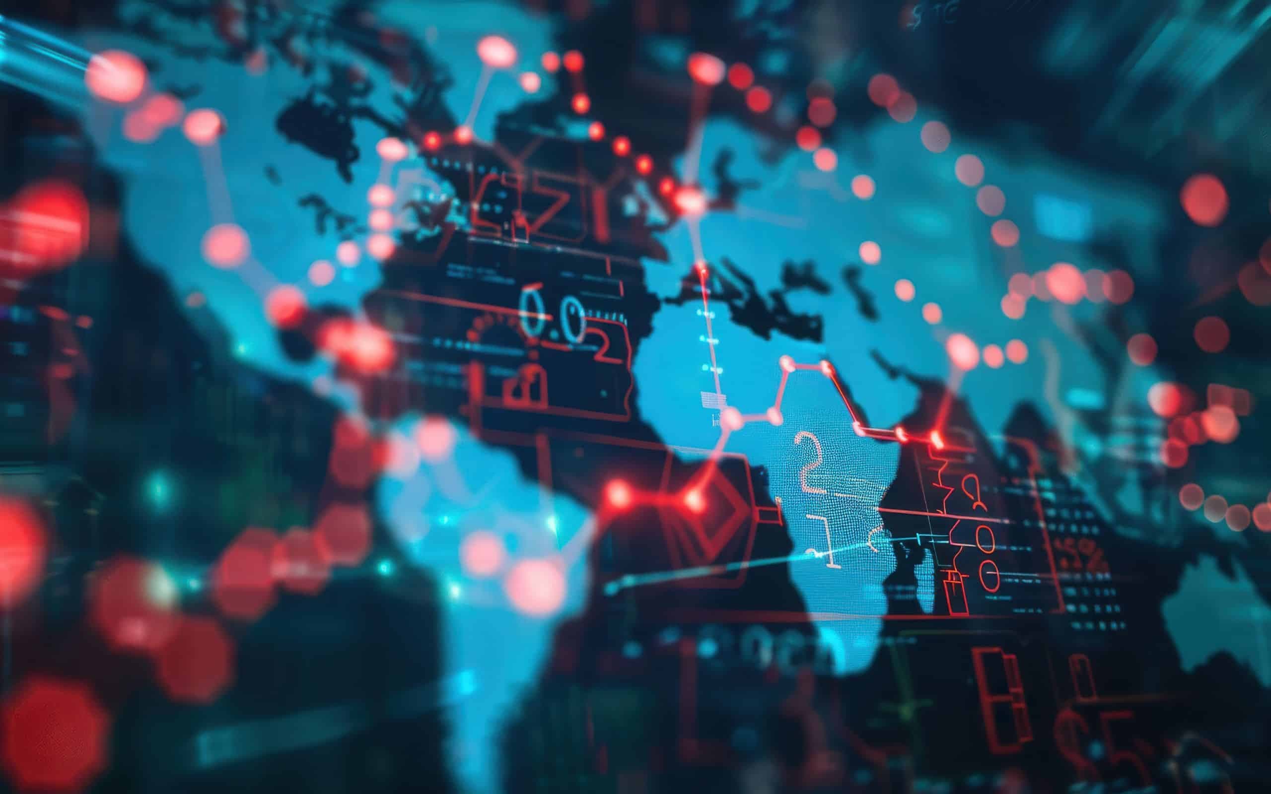 An abstract world map overlaid with glowing data points and rising and falling chart lines.