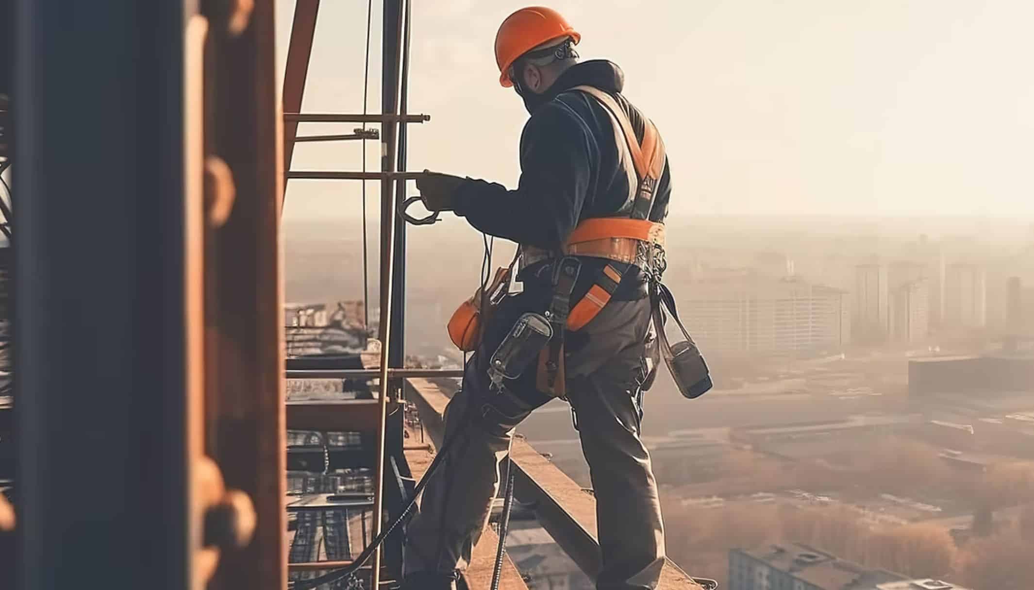 A worker in a safety harness and orange helmet on steelwork high above a city.
