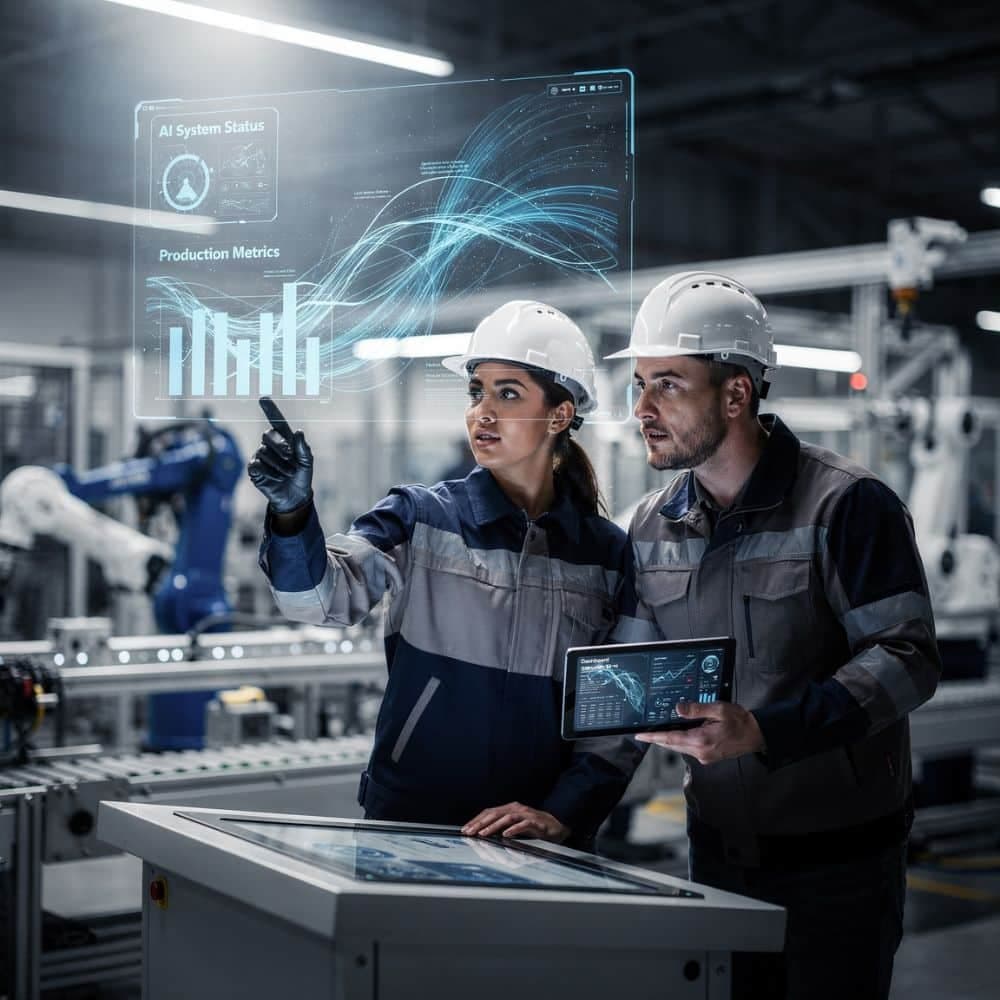 Two engineers in hard hats reading a projected dashboard of AI system status and production metrics.