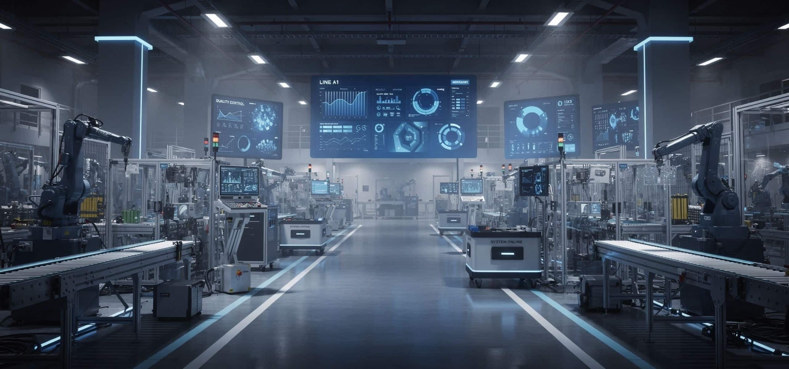 White robot arms and conveyors on an automated production line, with a faint data overlay.