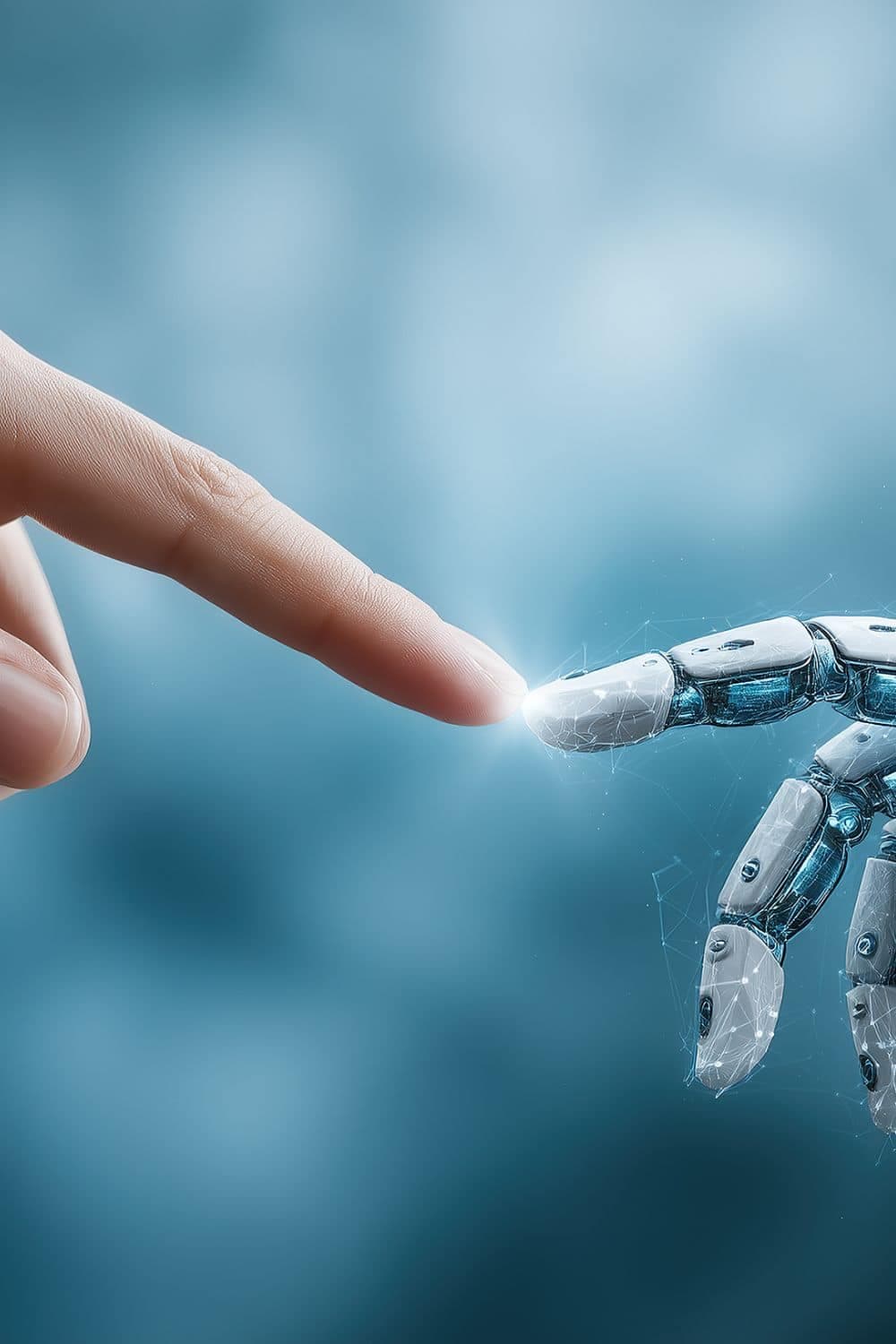 A human finger and a white robotic finger touching at the fingertips.