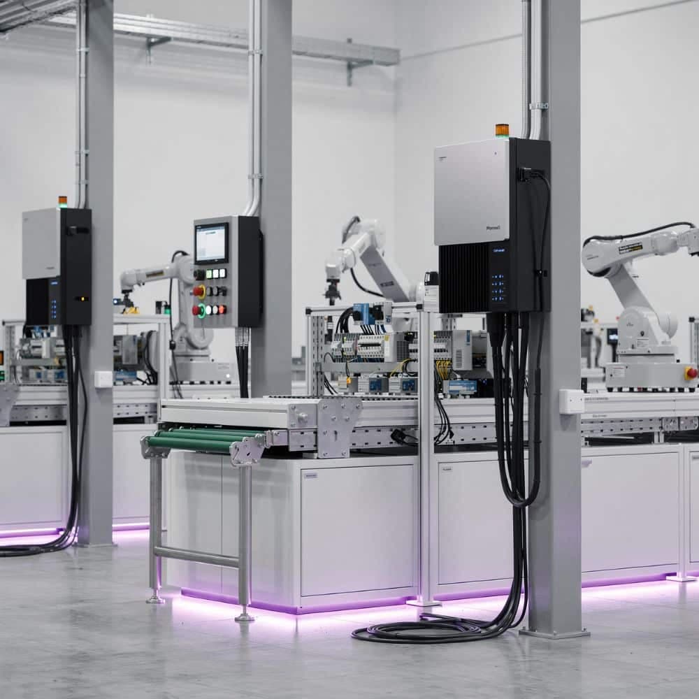 Robot arms on conveyor cells in a white automation hall lit by magenta light strips.