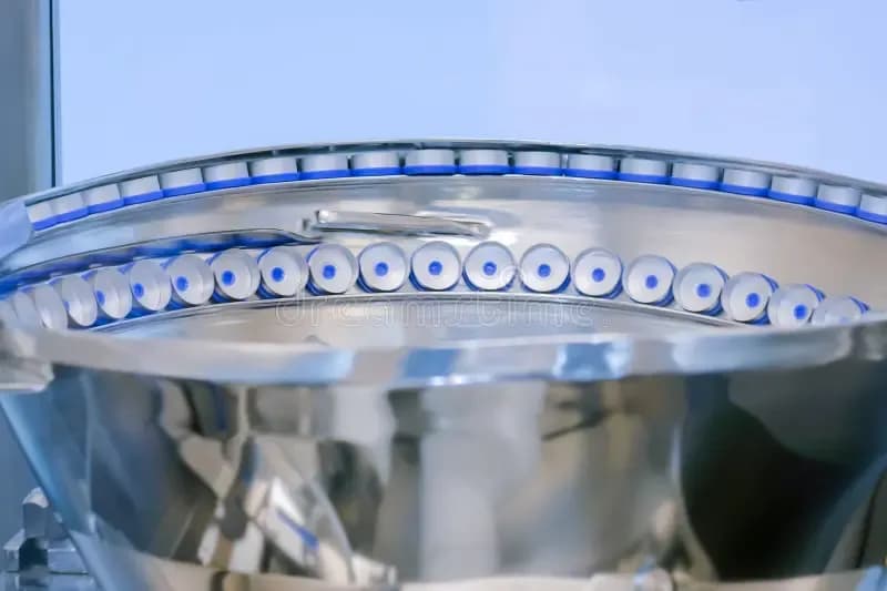 Caps travelling around the rim of a stainless steel rotary bowl feeder.
