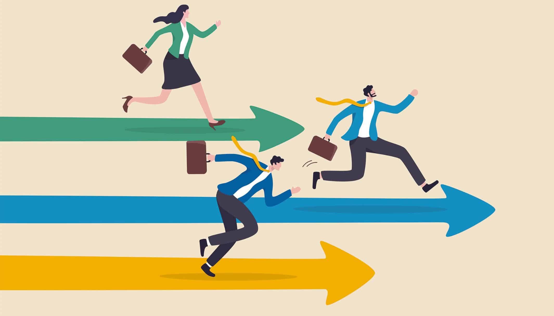 Flat illustration of people running forward along green, blue and yellow arrows.