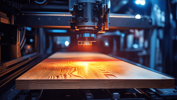 A machining head casting a red laser line across a wooden board inside a wood-processing machine.