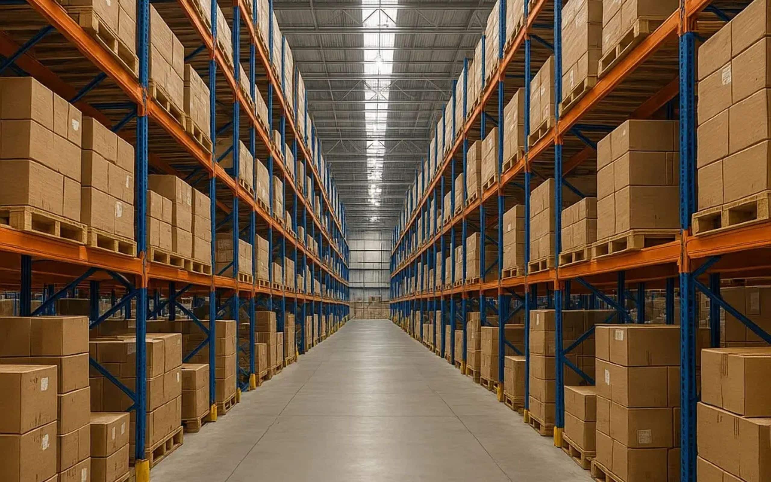A warehouse aisle between tall racks stacked with cardboard boxes.