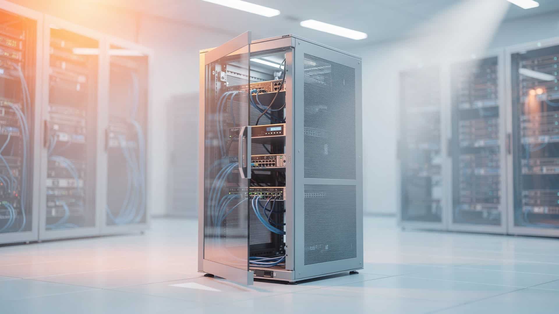 An open server rack with its cabling visible, in a bright data centre.