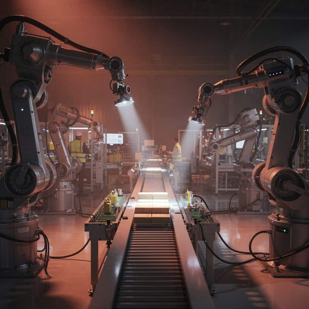 Two cobots working on conveyor